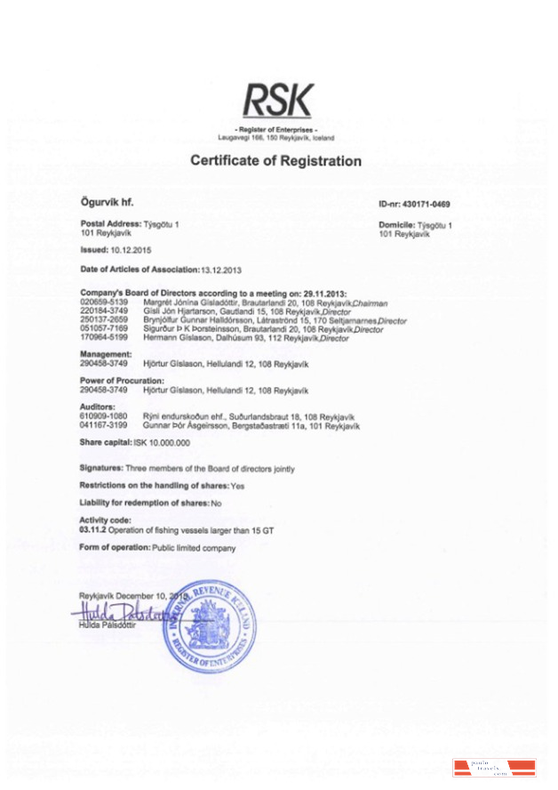 Iceland Certificate of Registration